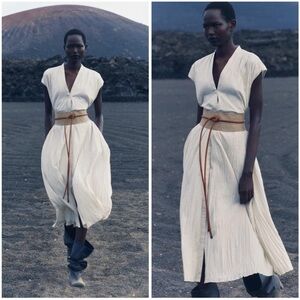 Zara NWT cream & brown Straw woven belt with Brown Leather tie satraps